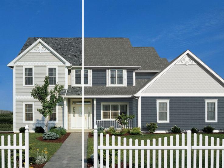 Before and after photo of a house created with ColorView visualizer tool.